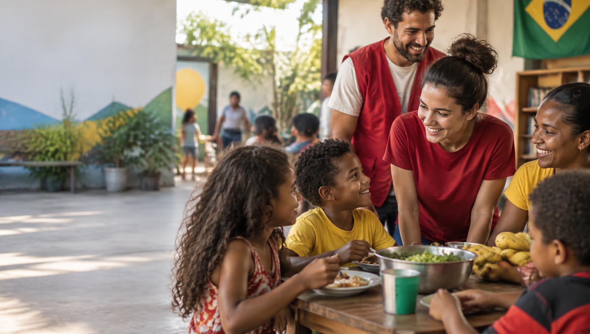 Voluntários do ICD Social acolhendo crianças em uma ação comunitária